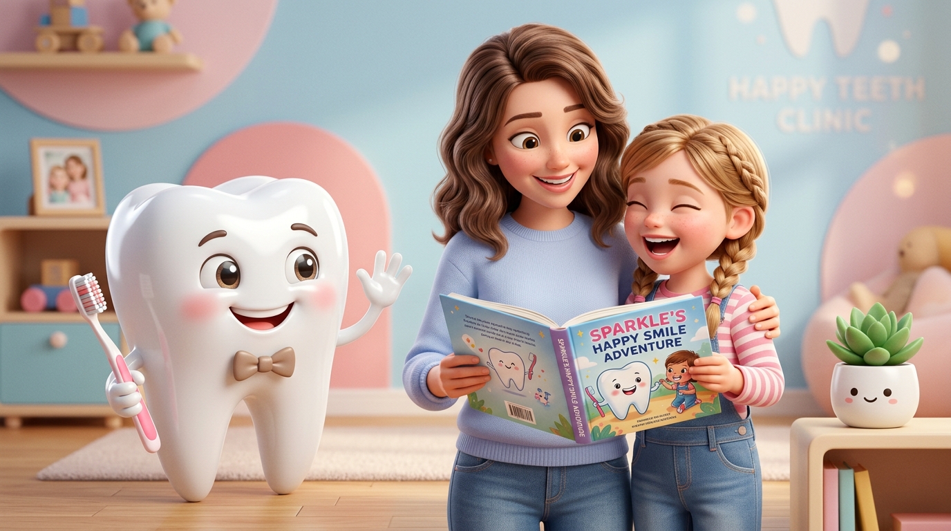3D Tooth Mascot and Family Reading Dental Guide